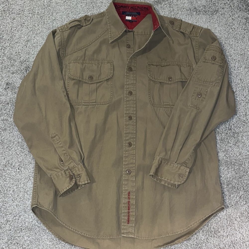 VINTAGE Tommy Hilfiger khaki safari military travel Mens LS cotton shirt jacket